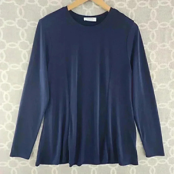 Zenana Round Neck Long Sleeve Stretch Navy Blue Blouse L - Picture 1 of 9
